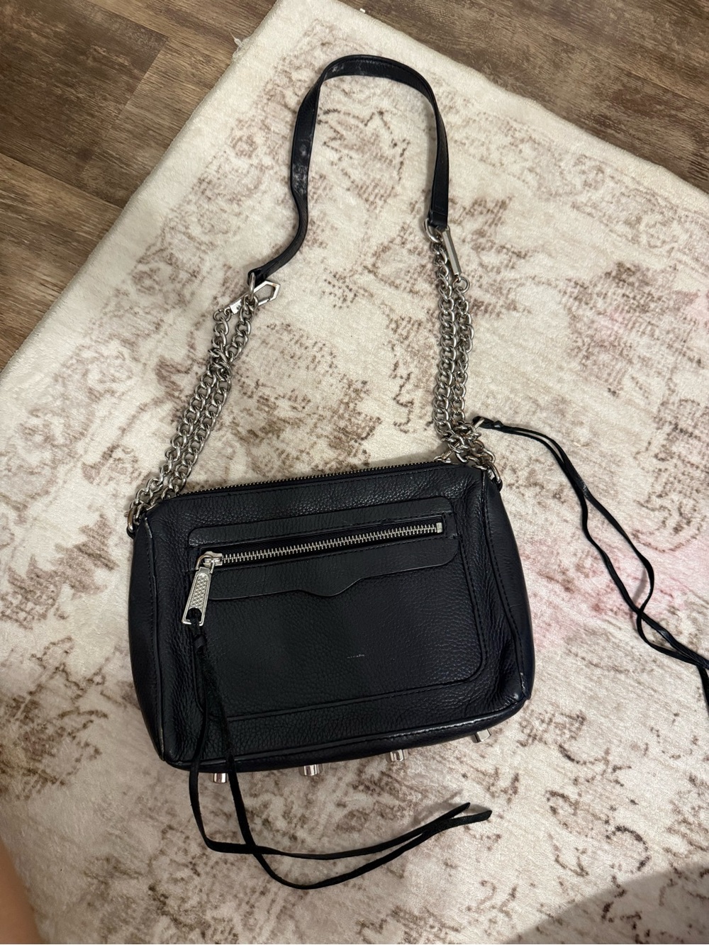 Rebecca Minkoff Black Leather Crossbody with Silver Chain Strap